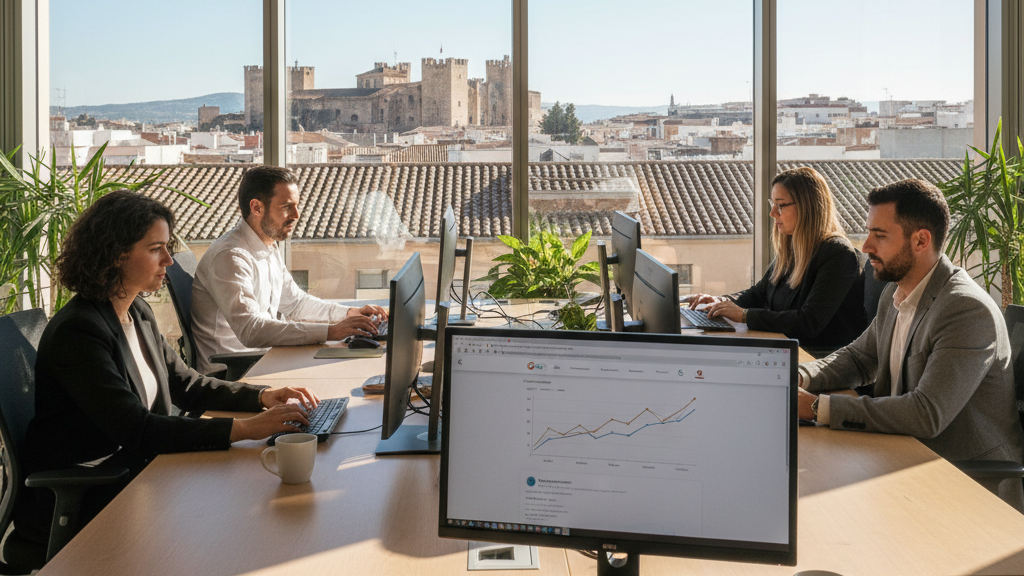 Equipo de Vértigo Marketing trabajando en SEO local en Lorca, mostrando gráficos de ROI y perfil de Google Business