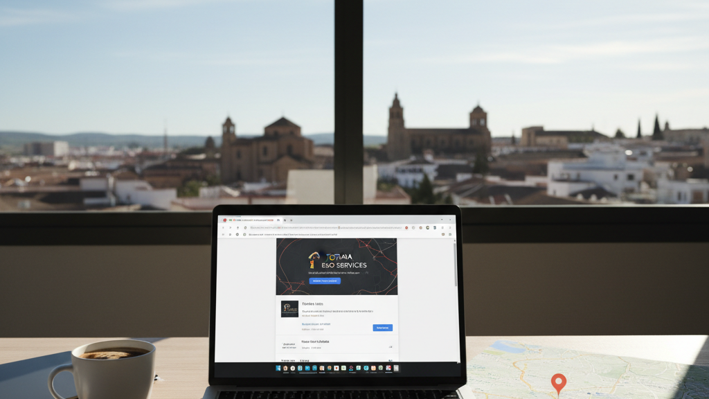 Imagen de una agencia SEO en Totana con laptop mostrando perfil de Google Business, mapa local y ambiente profesional