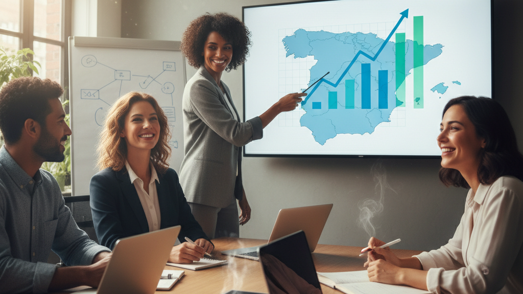 Imagen de equipo de agencia SEO trabajando en una oficina moderna con gráficos de crecimiento y mapa de España