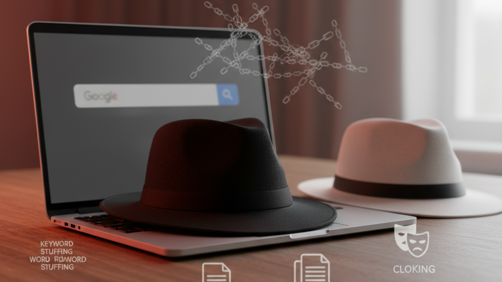 Ilustración que muestra un sombrero negro sobre una laptop, simbolizando Black Hat SEO, con íconos de prácticas como keyword stuffing, cloaking, contenido duplicado y redes de enlaces, y un sombrero blanco al lado que representa White Hat SEO