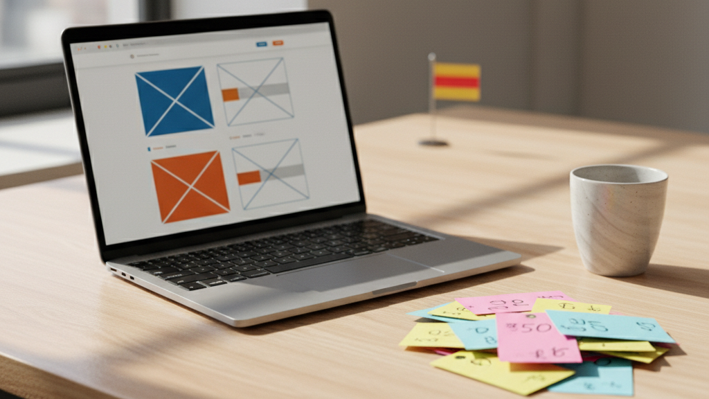 Imagen que muestra la comparación de precios de creación de páginas web en España, con laptop, taza de café y etiquetas de precio, representando los planes de Vértigo Marketing