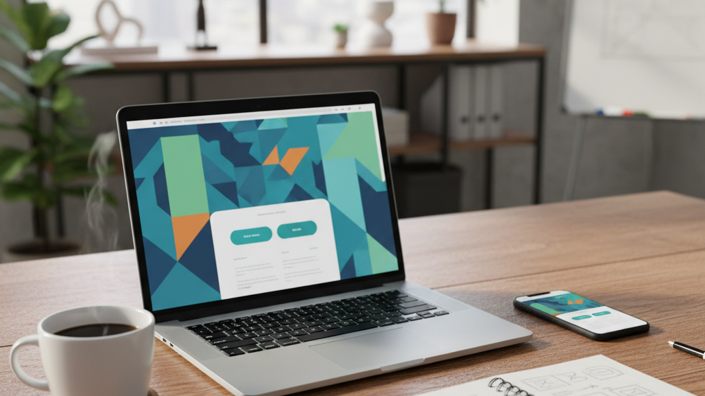 Imagen de una laptop mostrando una página web moderna y atractiva, con botones de conversión y un smartphone con la misma vista, rodeados de notas de diseño y ambiente de oficina, representando los servicios de Vértigo Marketing para crear sitios web chulos que convierten