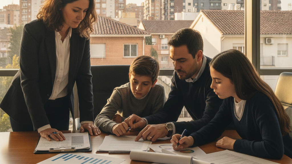Imagen que representa una empresa patrimonial en España, con documentos legales, gráficos de activos y una familia gestionando su patrimonio