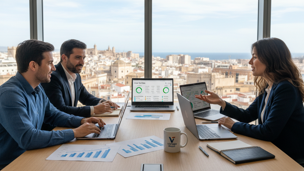 Equipo de Vértigo Mejor, la agencia SEO líder en Cartagena y Murcia, trabajando en estrategias de SEO local con gráficos de crecimiento y herramientas de análisis en una oficina con vista al puerto