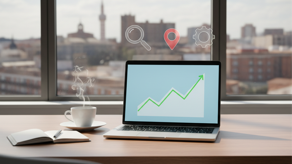 Imagen que representa la estrategia SEO para negocios en Albacete, con laptop, gráfico de crecimiento y skyline de la ciudad