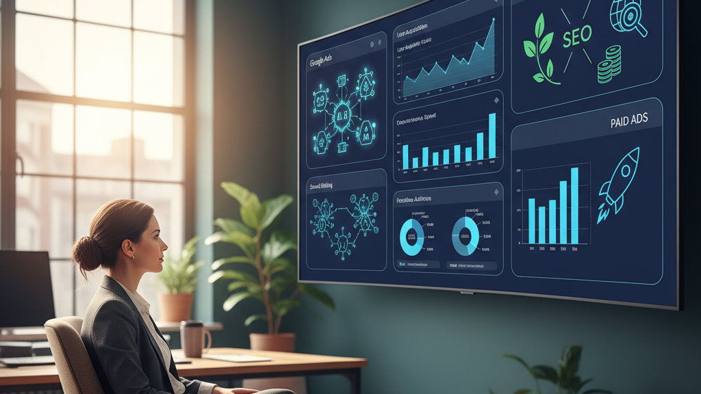 Profesional de marketing analizando gráficos de ROI de Google Ads 2026 con elementos de IA y comparación SEO