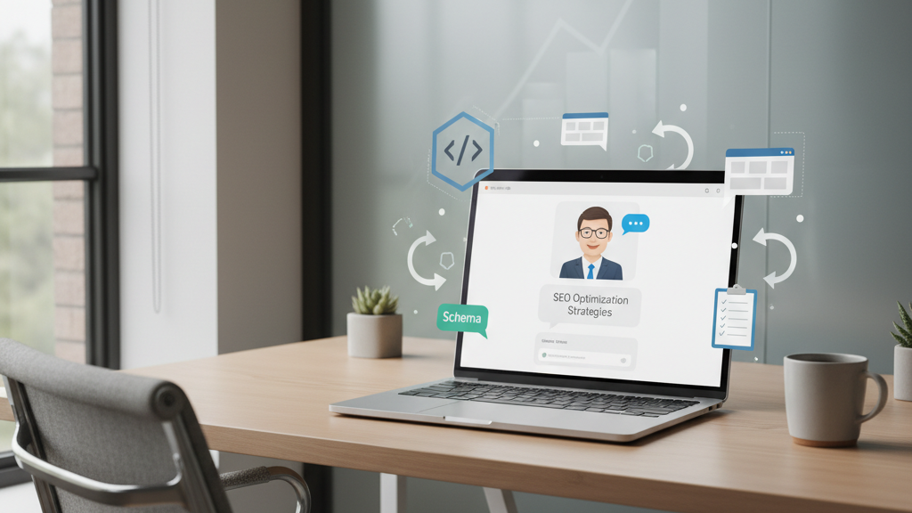Imagen de una guía de SEO con ChatGPT que muestra una laptop, iconos de datos estructurados, enlaces de calidad y una gráfica de posicionamiento, representando estrategia y éxito digital