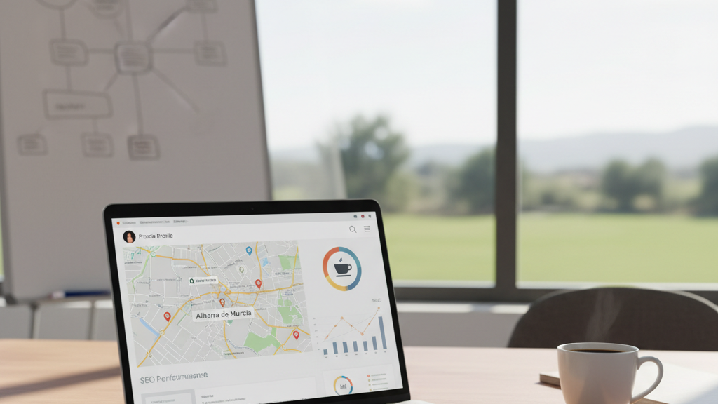 Imagen que representa una guía completa de SEO local para negocios en Alhama de Murcia, con laptop, mapa, gráficos y notas estratégicas
