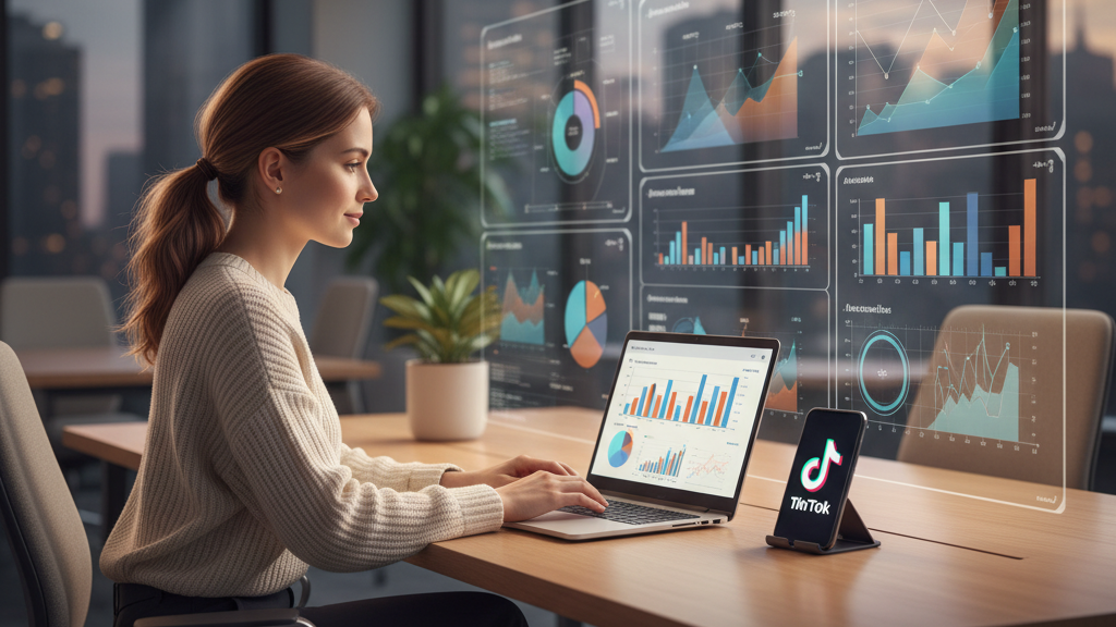Imagen de portada que muestra a un profesional del marketing trabajando con TikTok Ads, laptop, smartphone y gráficos de rendimiento, ideal para guía de campañas en España