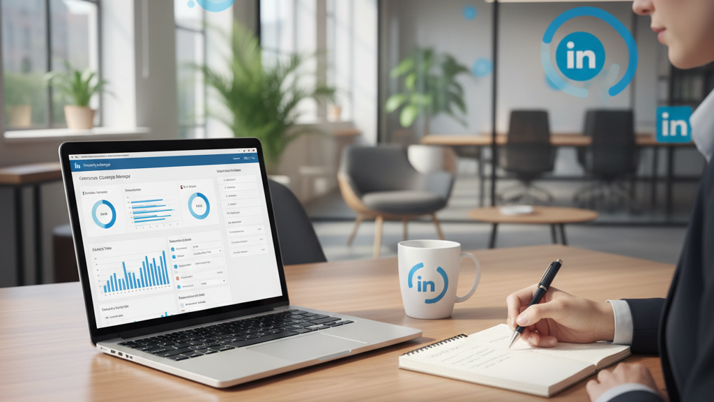 Imagen que muestra la creación de una campaña publicitaria en LinkedIn con pantalla de ordenador y gráficos de rendimiento, ideal para artículo sobre LinkedIn Ads