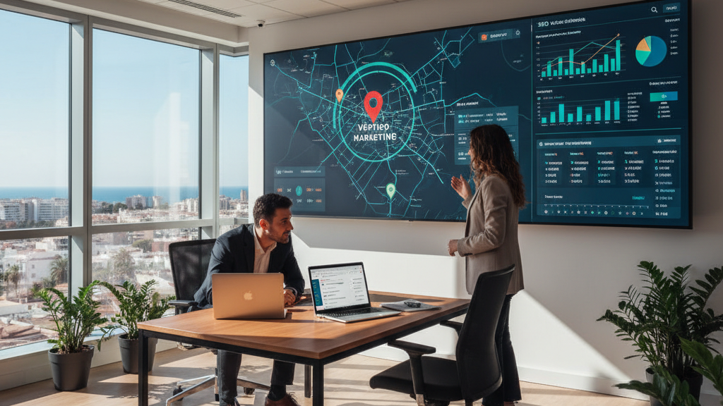 Imagen de una oficina en Alicante con mapa digital, gráficos de SEO y énfasis en Vértigo Marketing como la mejor agencia SEO de la ciudad