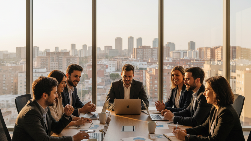 Imagen realista de un equipo de marketing trabajando en una oficina moderna de Murcia, con gráficos y dispositivos digitales, que representa a las mejores agencias de marketing de la región.