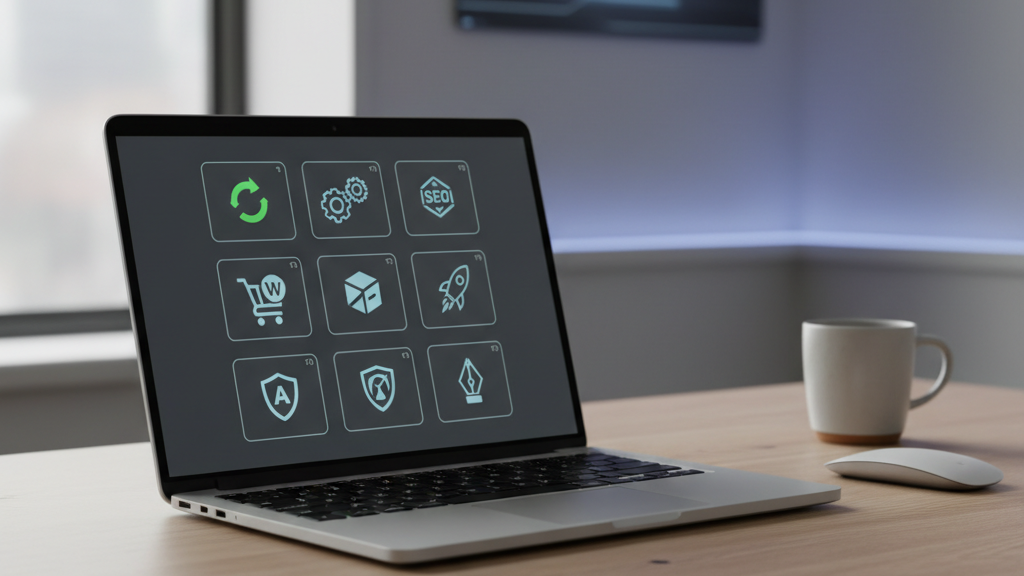 Imagen que muestra los principales plugins de WordPress para 2026 con íconos y pantalla de escritorio