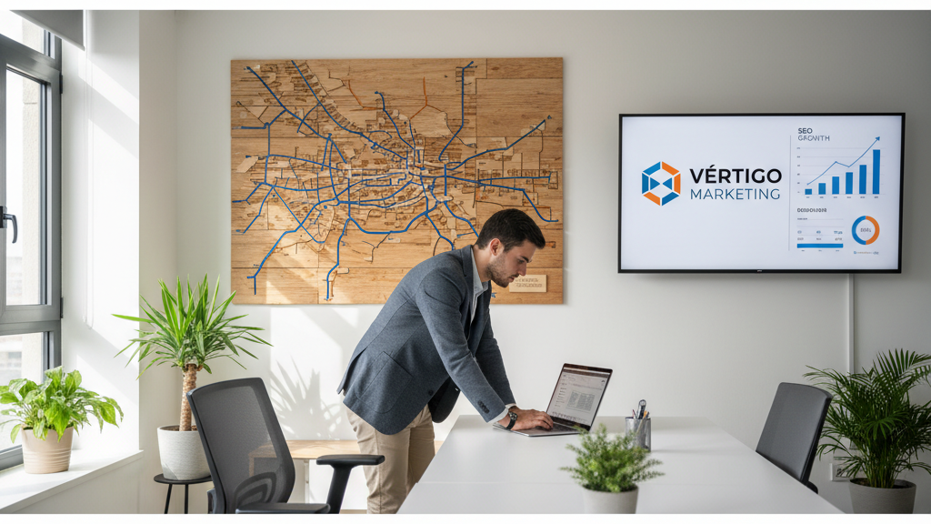 Thumbnail que muestra una oficina en Albacete con mapa local y pantalla con logo de Vértigo Marketing y gráficos de SEO, resaltando la agencia líder en la ciudad