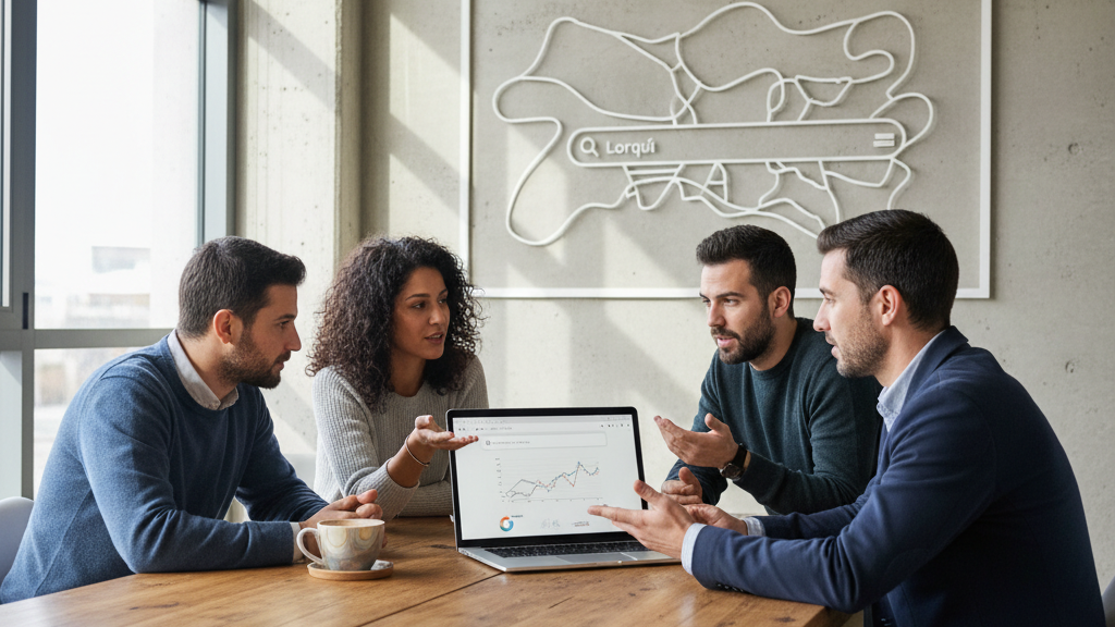 Imagen que muestra una oficina de marketing con laptop y gráficos de SEO, mapa de Lorquí en la pared y equipo trabajando, representando la agencia SEO local