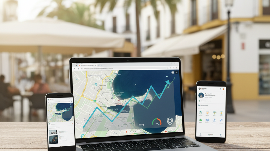 Imagen que muestra un portátil con mapa de Málaga, gráfico de crecimiento y perfil de empresa en Google, simbolizando SEO local para negocios en Málaga