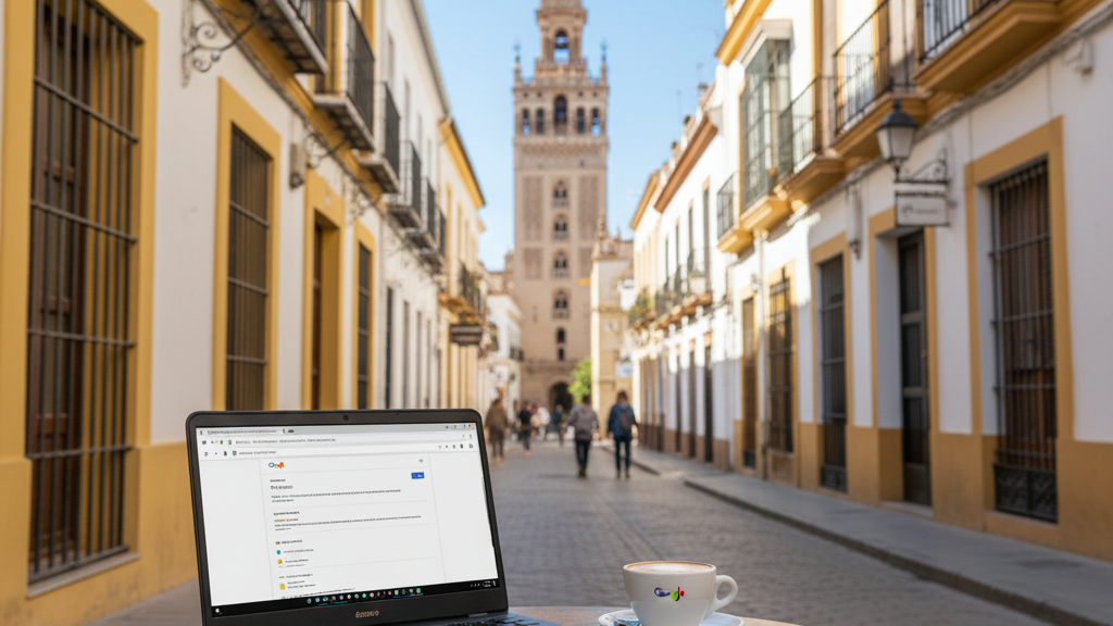 Imagen SEO local Sevilla pymes, laptop con panel de Google Business en una terraza con la Giralda de fondo