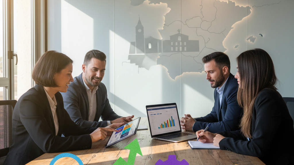 Imagen SEO del equipo de Vértigo trabajando en marketing digital para Churra, con mapa local y símbolos de SEO, SEM y desarrollo web