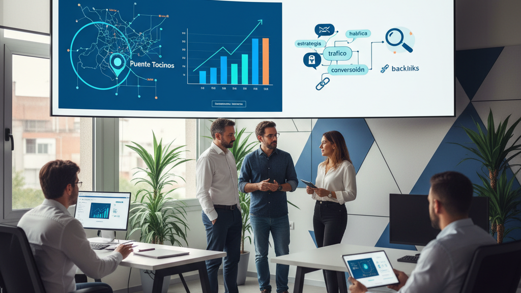 Equipo de Vértigo Marketing analizando datos SEO para empresas de Puente Tocinos, con mapa local y gráficos de crecimiento