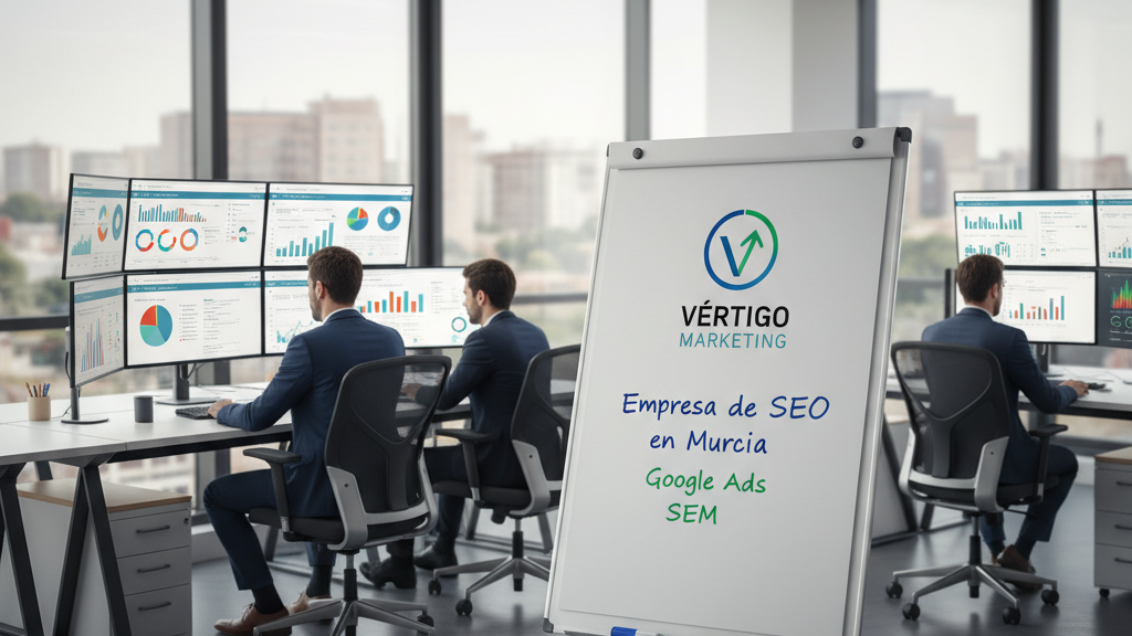 Equipo de Vértigo Marketing trabajando en SEO en una oficina de Murcia, con gráficos y referencias a Google Ads y SEM