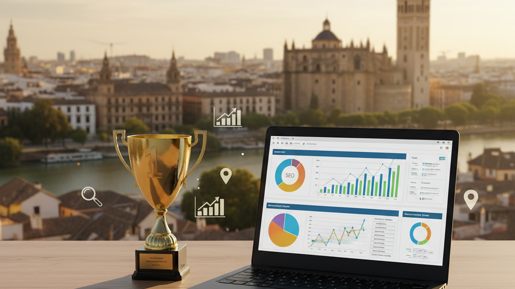 Imagen SEO que muestra a Vértigo Marketing como la agencia número 1 en Sevilla, con el skyline de la ciudad, una laptop con métricas y un trofeo dorado.