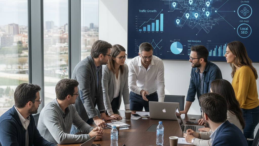 Imagen que muestra a Vértigo Marketing, agencia SEO líder en Alcantarilla, con su equipo analizando datos, mapas y gráficos de SEO local