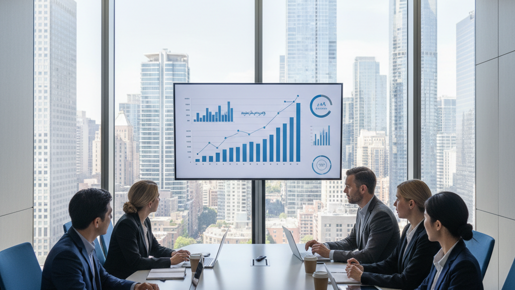 Imagen de agencia SEO Vértigo Marketing trabajando con grandes empresas, analizando métricas de crecimiento en una sala de reuniones con vista a rascacielos.