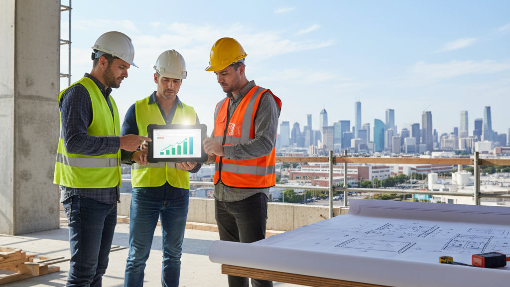 Imagen SEO para constructoras 2026, obra con tablet mostrando resultados de Google y gráfico de crecimiento