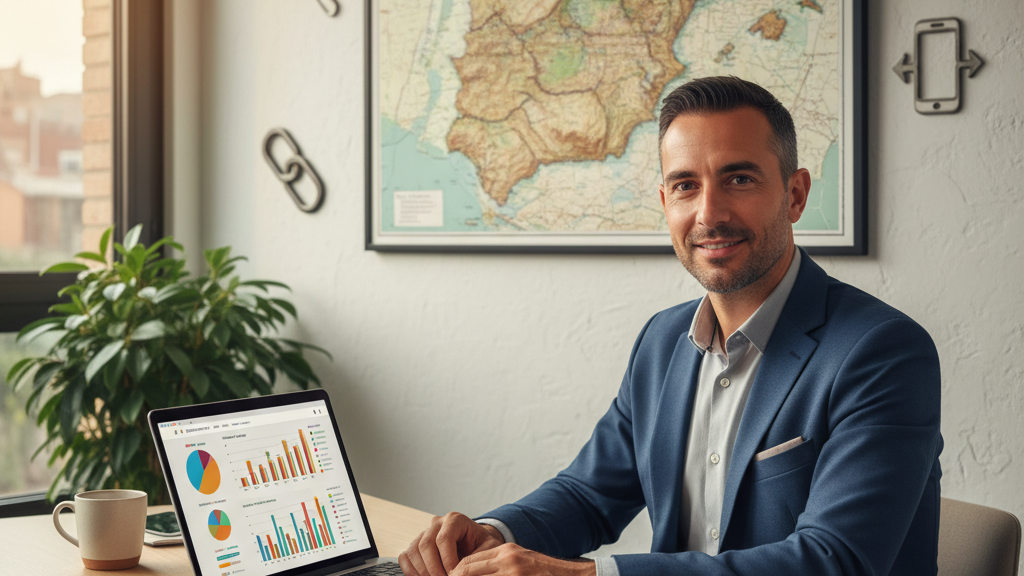 Consultor SEO en Albacete trabajando con análisis y mapa local, representando servicios de optimización y resultados