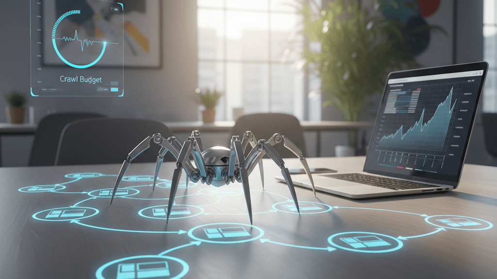 Imagen que muestra un motor de búsqueda rastreando un sitio web y visualizando el crawl budget, representando cómo Google asigna recursos para indexar páginas