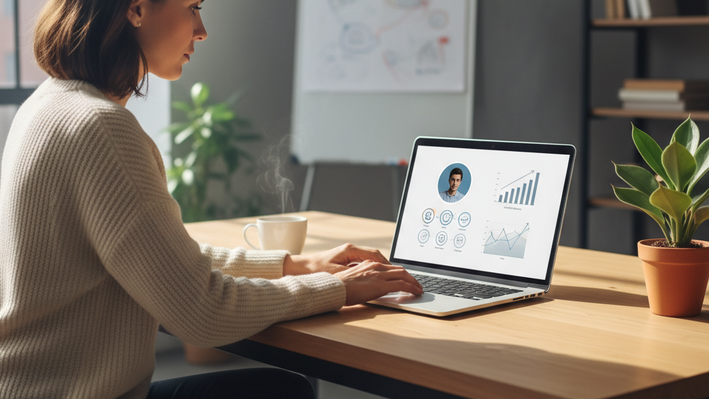 Imagen que muestra a un profesional trabajando en su perfil de LinkedIn, con gráficos de crecimiento y conexiones de red, representando el crecimiento orgánico en la plataforma