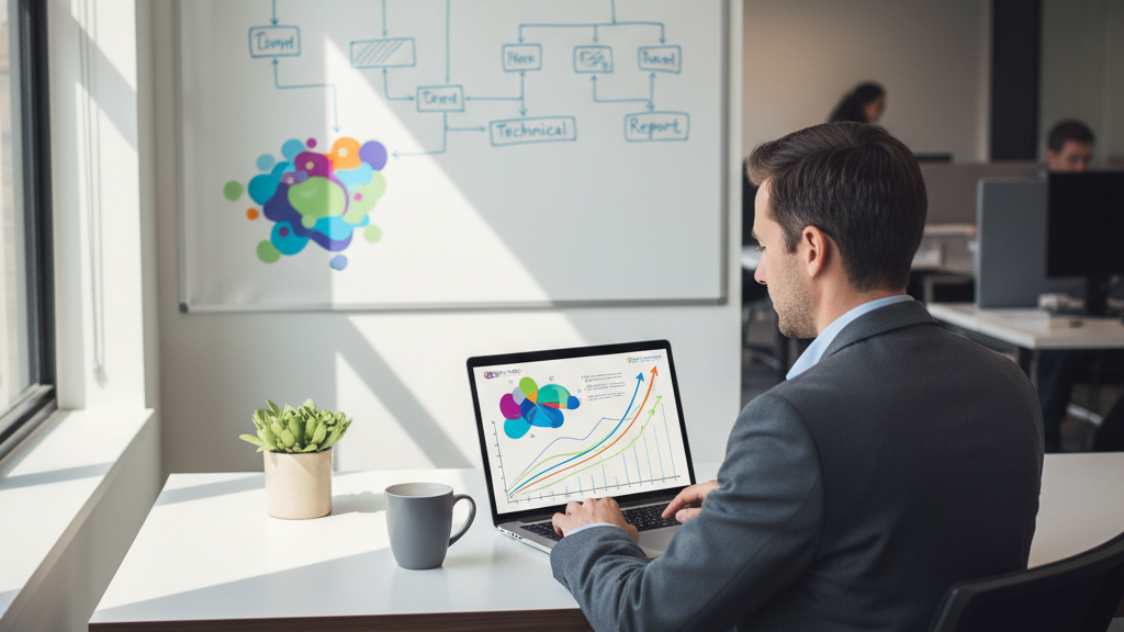 Imagen de una persona analizando métricas SEO en una laptop, con gráficos de crecimiento y una pizarra que muestra el proceso de auditoría SEO