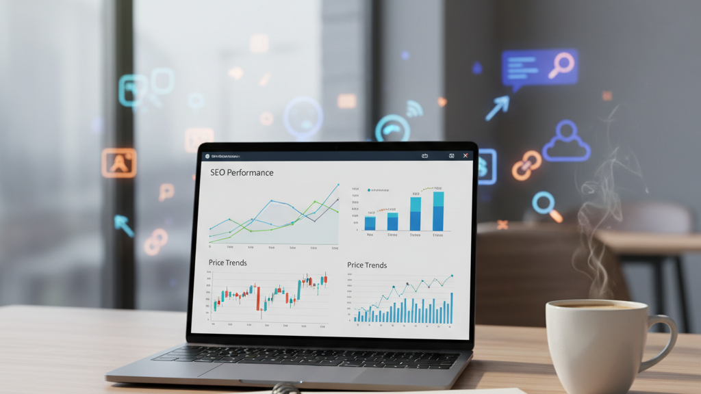 Imagen de una mesa de trabajo con portátil mostrando gráficos de SEO y precios, notas y taza de café, representando la guía de precios SEO 2026