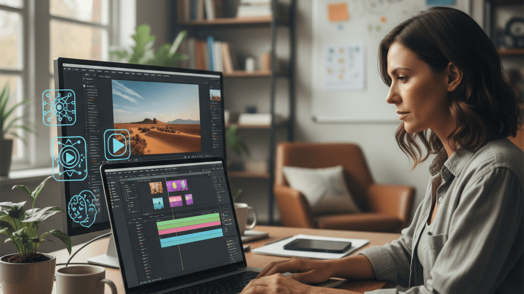 Pantalla de ordenador con una línea de tiempo de edición y iconos de herramientas de IA, ilustrando las Mejores IAs para editar videos en 2026