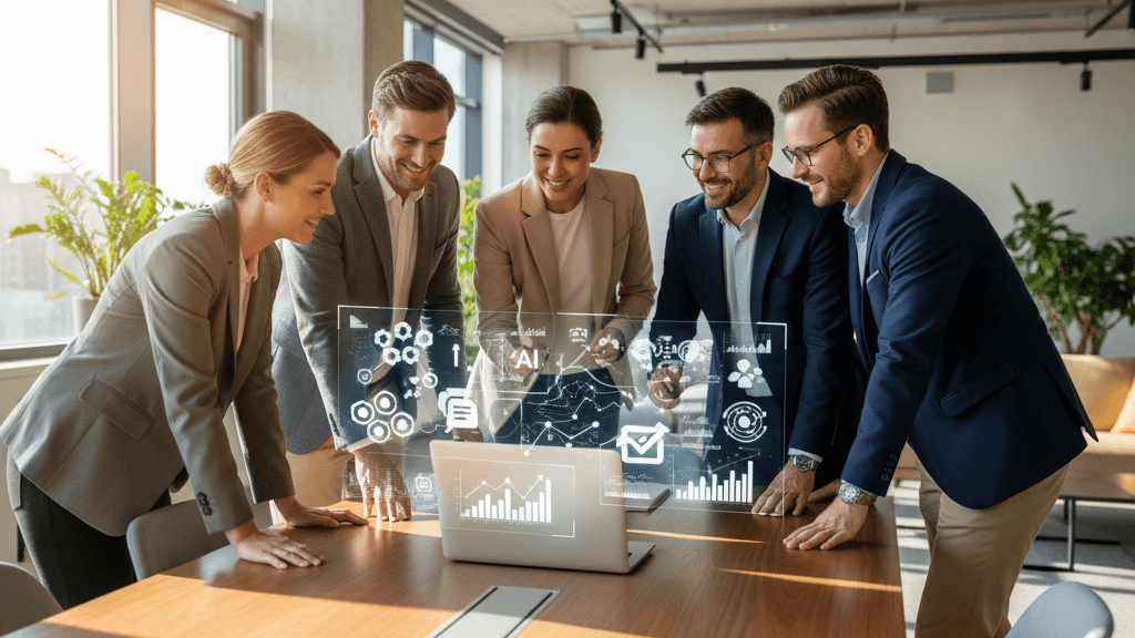 Imagen que muestra las mejores IAs para empresas gratis, con profesionales trabajando en una oficina moderna usando herramientas de inteligencia artificial gratuitas para mejorar la productividad.