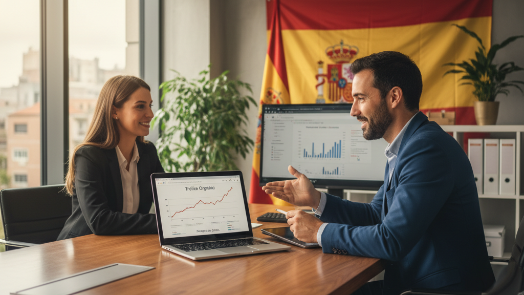 Imagen que muestra el posicionamiento SEO en Google y los precios de servicios en España, con gráficos, laptop y bandera española