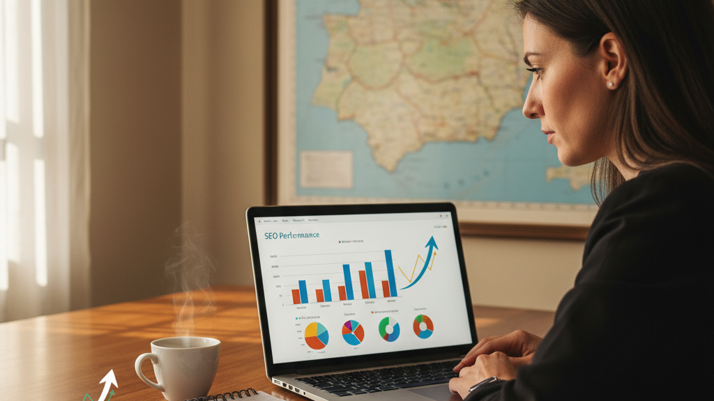 Imagen que muestra a un analista revisando métricas SEO en una laptop con un mapa de Murcia y gráficos de precios, representando el costo del SEO en Murcia