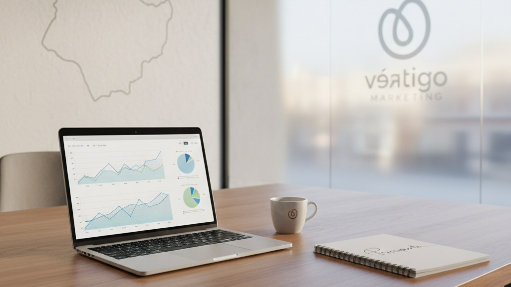 Imagen de un escritorio con análisis SEO y referencia al presupuesto de SEO en Murcia 2026, representando a Vértigo Marketing