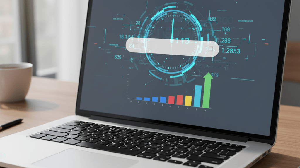 Imagen que ilustra cuánto tarda google en posicionar una web nueva, con un reloj digital y un gráfico ascendente sobre una pantalla de ordenador que muestra una página web, simbolizando el proceso de indexación y ranking.