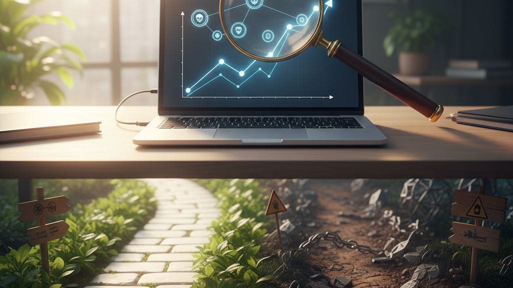 Imagen SEO White Hat y Black Hat con gráficos, lupa sobre palabras clave y caminos contrastantes en oficina moderna