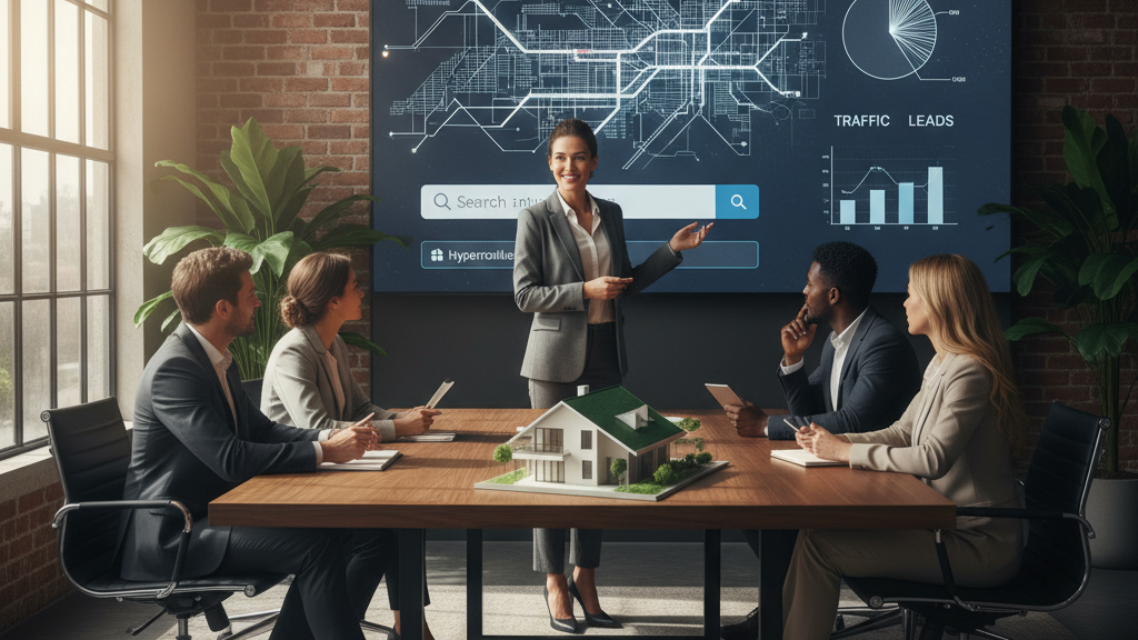 Imagen que muestra una oficina de marketing inmobiliario con pantalla de análisis SEO, mapa local y equipo trabajando, ideal para SEO para inmobiliarias