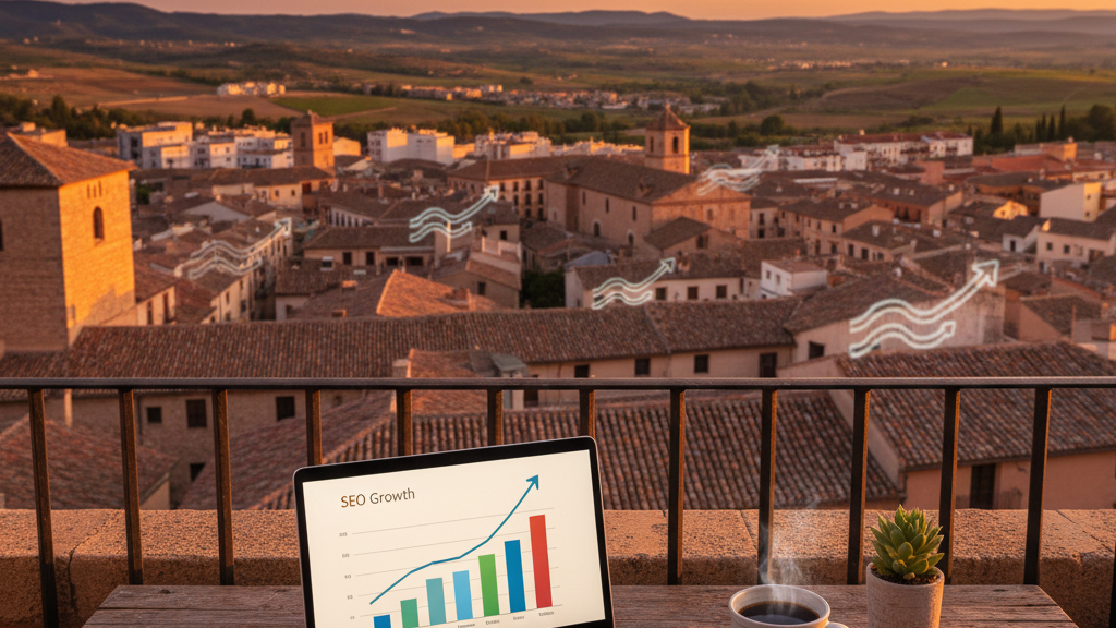 Imagen de escritorio con laptop mostrando gráfico SEO frente a fondo de la ciudad de Jumilla al atardecer, representando servicios SEO locales.