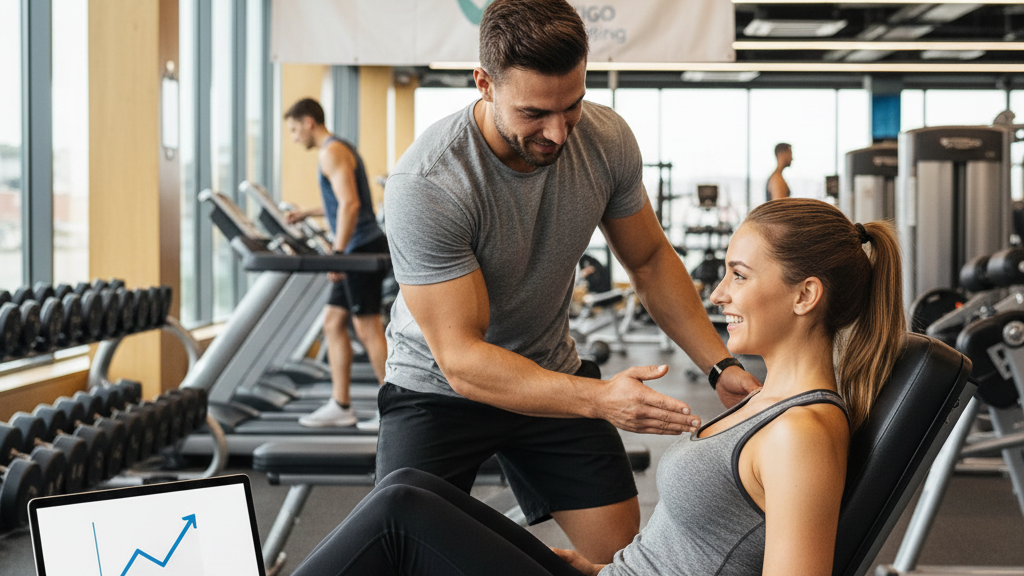 Imagen de un gimnasio con entrenador y cliente, laptop con gráfico sencillo y pin de mapa, representando el servicio de SEO de Vértigo Marketing para gimnasios