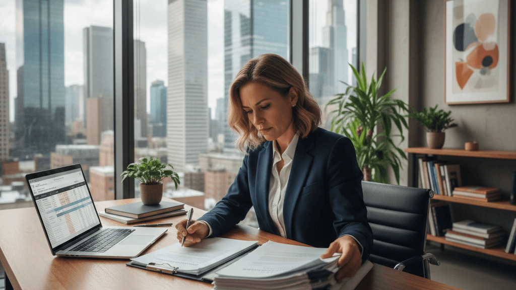 Abogado inmobiliario explicando el Precio abogado inmobiliario mientras revisa documentos de una vivienda en una oficina moderna, transmitiendo confianza y claridad sobre los honorarios