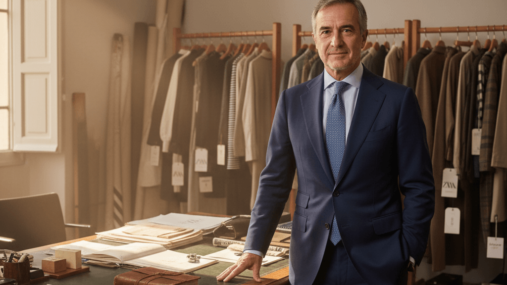 Imagen que ilustra la verdadera historia de amancio ortega, mostrando su trayectoria desde sus orígenes humildes hasta la fundación de Inditex y Zara, con elementos que representan su modelo de moda rápida y su legado empresarial