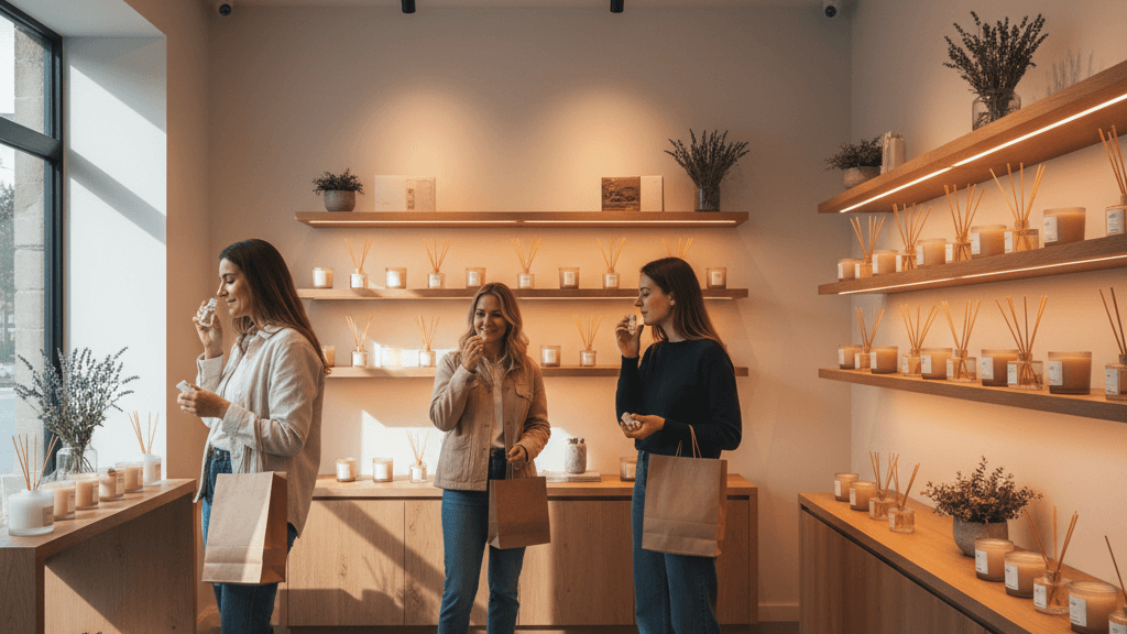 Imagen que muestra el marketing olfativo en acción, con clientes disfrutando de una tienda donde el aroma mejora la experiencia de compra