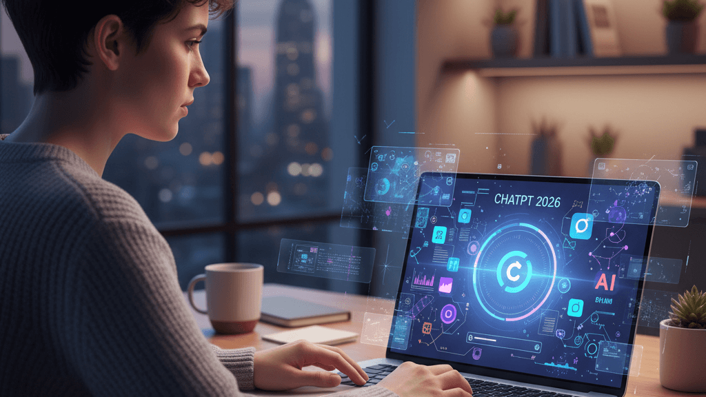 Imagen del Tutorial para usar ChatGPT en 2026 que muestra una pantalla de laptop con la nueva interfaz, iconos de IA y herramientas colaborativas, resaltando la guía paso a paso para usuarios.