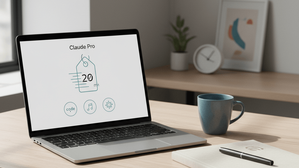 Imagen de un escritorio con una laptop que muestra la interfaz de Claude Pro y destaca la Sale rentable Claude pro para profesionales que buscan IA potente a bajo costo