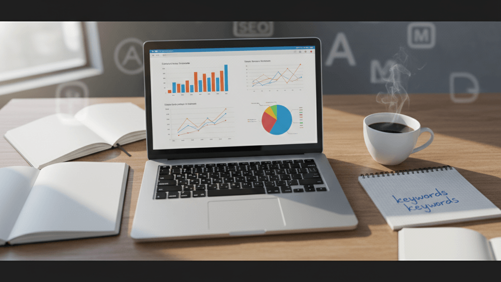 Imagen que ilustra Alternativas a Semrush, mostrando una mesa de trabajo con portátil y elementos de análisis SEO para comparar distintas herramientas.