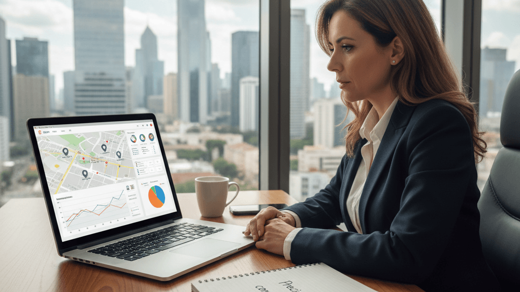 Imagen realista de un consultor SEO local analizando datos en una laptop, con etiquetas de precio que ilustran el Precio consultor seo local y la estrategia de posicionamiento local